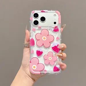 Fashion Strawberry Floral Design Transparent Air Cushion Anti-Drop Protective Phone Case, Compatible with iPhone 17/16/15/14/13 Series