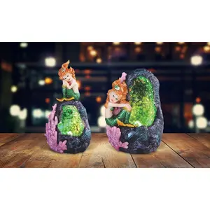 2-PC Green Mermaid with LED Faux Green Faux Crystal Cave Rock Geode 3"-5"H Statue Fantasy Night Light Decoration Figurine