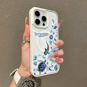 Trendy Magnetic Case for iPhone11/12/13/14/15/16/17 promax Blue Whale Shark Scripture MagSafe Ready, Ultra Thin & Shockproof |   Cute Pick for Girls iPhone case
