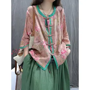 New Retro Printed Button Cardigan Artistic Casual Loose Nine-Quarter Sleeve Cotton Vacation Elegant Style