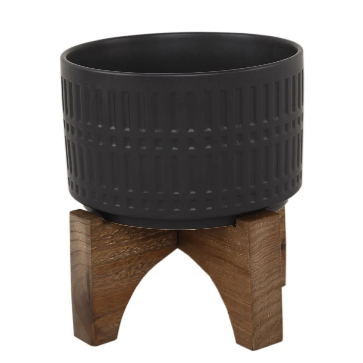 Flora Bunda EM1910E-MTBK Matte Black Roman Shape Ceramic Flower Pot & Planter, Artisan-Handcrafted, 7.5" x 7.5" x 8.125" Size, 7' Roman Design, Indoor Use, Wood Stand, No Drainage Hole, for Room Decor, 7.5X7.5x8.125'