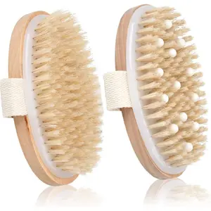 2 Pack Dry Brushing Body Brush, Natural Bristle Exfoliating Brush with Massage Nodes, for Lymphatic Drainage and Improving Skin Health and Reduces Acne