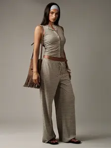 Women's 2-Piece Wide Leg Pants and Sleeveless Striped Set, Casual Spring & Fall Knit Cardigan, Perfect for Comfort and Fashion