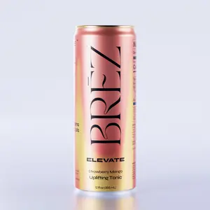 BRĒZ ELEVATE Uplifting Tonic - Feel-Good Tonic for Energy & Mood – Cordyceps, L-Theanine & Ginseng Blend – 85mg natural caffeine from Guayusa -Sparkling Strawberry & Mango Drink (12oz) Vegan, Non-GMO, Gluten-Free
