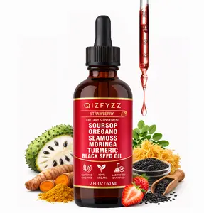 Soursop Oregano Seamoss Moringa Turmeric Black Seed Oil Liquid Drops, Strawberry Flavor, Vegan Herbal Dietary Supplement, Lab Tested, Non-GMO, 2 Fl Oz (60ml)