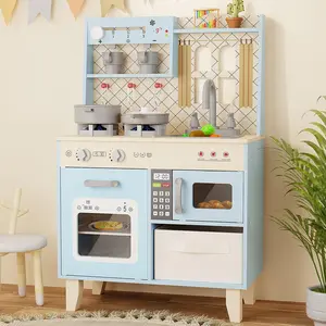 Seeutek Wooden Play Kitchen for Toddlers 3+ with Realistic Sounds 24 Accessories & Cookware Compact & Safe Materials ,Play Kitchen Set for Boys and Girls Birthday Gift Christmas Gift