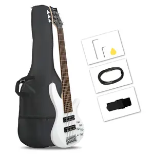 44-Inch 6-String Electric Bass Guitar with Dual Humbucker Pickups Laurel Wood Fingerboard White Finish Maple Neck 34" Scale 24 Frets Professional-Grade Instrument for Rock Metal Fusion