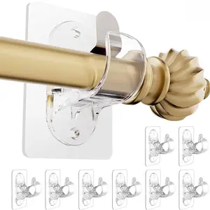 4 Pack No Drill Curtain Rod Brackets, Holding Up to 17 lbs, PET Self Adhesive Curtain Rod Holders, Adjustable Nail Free Curtain Rod Hooks