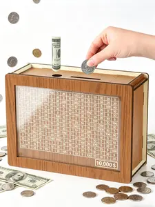 Classic wooden piggy bank with pen for reusable money storage box. A sturdy and durable coin-saving container suitable for both children and adults. Ideal for home storage and as a gift.SummerVibes
