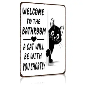 Funnysign Cat Lovers Gifts Welcome To The Bathroom A Cat Will Be with You Tin Sign for Bathroom Toilet Decor 8 X 12 Inch