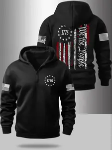 Men's Fall Winter Flag Series Graphic Print Fitted Long Sleeve Half-Zip Hoodie, Fleece Lined Jacket with Zip Design, Fashion Daily Casual Wear, Sweatshirts, Tops, Menswear, Casual Sporty Hoodies
