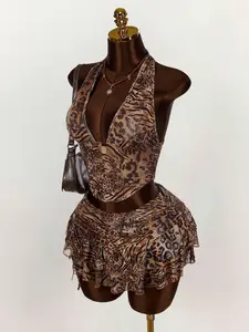 Women's New Fashion Chic Leopard Print V-Neck Halter Top + Cake Dual Bow Skirt Set, Fitted, Holiday Style, Exclusive Design, Ytd, Sleeveless