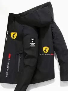 Men's High-Quality Hooded Jacket, Casual Long Sleeve Letter Print Flight Jacket, Zipper Closure, Multi-Pocket Design