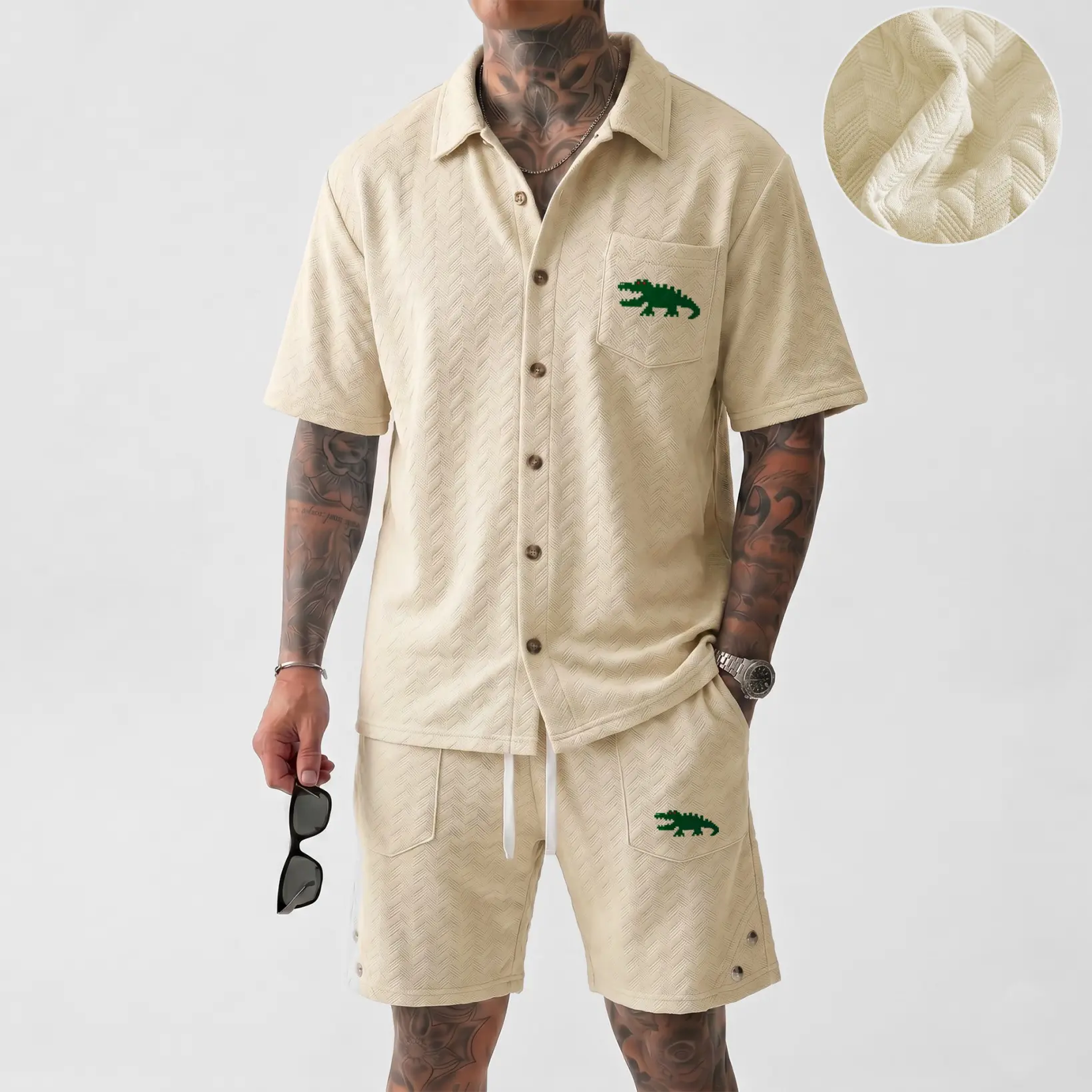 Men’s Abstract Animal Graphic Print Shirt & Shorts Set, Textured Button-Up Summer Two-Piece Outfit with Chest Pocket, Lightweight Vacation Outfit for Travel, Resort and Daily Wear