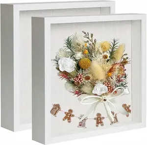 Muzilife Shadow Box Picture Frame with Linen Board Deep Wood Glass Display Case Ready to Hang Memory Box Baby Sports Memorabilia, Pins, Awards, Medals, Wedding, Tickets and Photos (White, 2pcs 8X8)