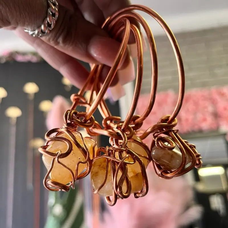 Handmade Thick Copper Adjustable Bangle W/ Crystal gemstone bracelet