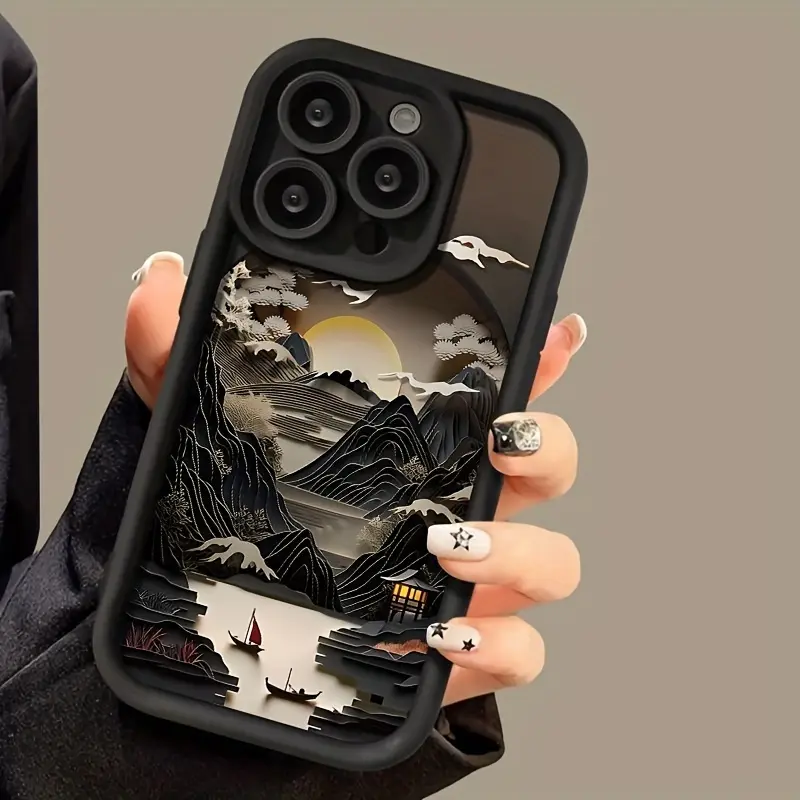 This black TPU full-coverage drop-proof phone case with a landscape painting design is an ideal birthday gift for your girlfriend, boyfriend, or for yourself. It is also compatible with iPhone 17/16/15/14/13/12/11/X/XS/XS Max/16E/12/13 Mini., Accessories,