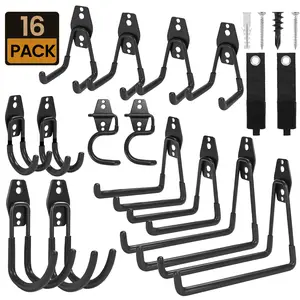 Steel Garage Storage Hooks 16 Pack Anti-Slip Coating Heavy Duty Wall Mount Assorted Sizes Hooks for Hanging Bike Ladder Outdoor Garden Tools