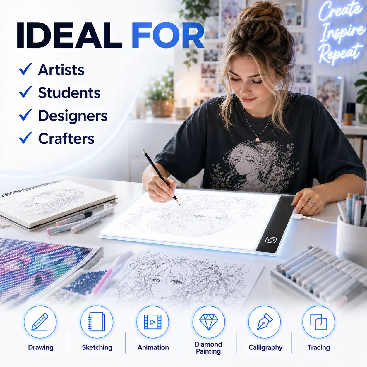 LED Light Tracing Pad - USB-Powered Ultra-Thin Portable Backlit Drawing Device with 3 Brightness Levels, USB Port for Animation, Sketching, Diamond Painting Art Projects