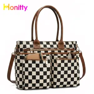 Women's Checkerboard Pattern Zipper Crossbody Tote Bag, Large Capacity Multi-Pocket Design Portable Shoulder Bag For Daily Used, Girl Fashionable Shopping Bag summerwins