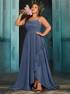 Plus Size Dusty Blue Chiffon Bridesmaid Dress with High Slit | Elegant Spaghetti Strap Wedding Guest Gown