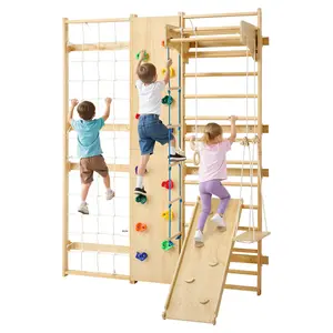 VEVOR Swedish Ladder Wall Gym,  , 9-in-1 12-Level Solid Wood Gymnastic Stall Bars for Kids Adults, 220LBS Indoor Jungle Gym with Rock Climbing Wall, Gym Rings, Pull-Up Bar, Climbing Board, Slide, Swing