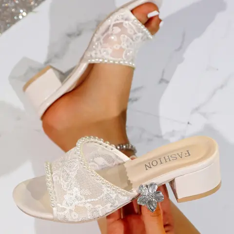 Women's White Lace & Pearl Trim Block Heel Mule Dress Sandals - Bridal Wedding Footwear Open Toe Slip-On Heels #bridalshoes #whiteheels #blockheels #tiktokshoefinds #lacesandals