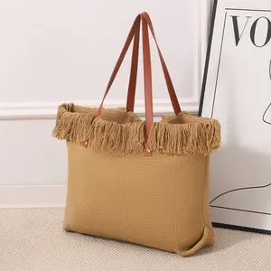 New tassel tote bag, large capacity, simple handbag, shoulder canvas bag, student commuter woven beach bag, Mother's Day gift