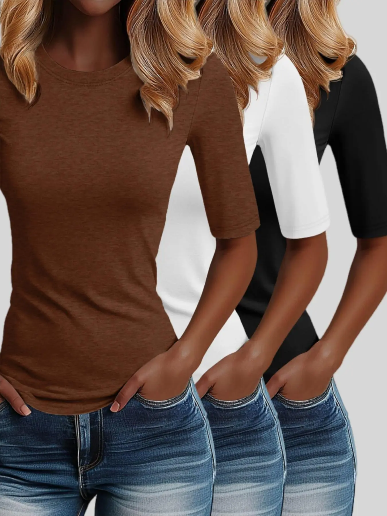 Women's Casual Fashion Round Neck Half Sleeve Solid Color Knit Slim Fit Knitwear Top Set, 3 Piece Commuter Basic Wear, European Style, Summer, Womenswear Outfits