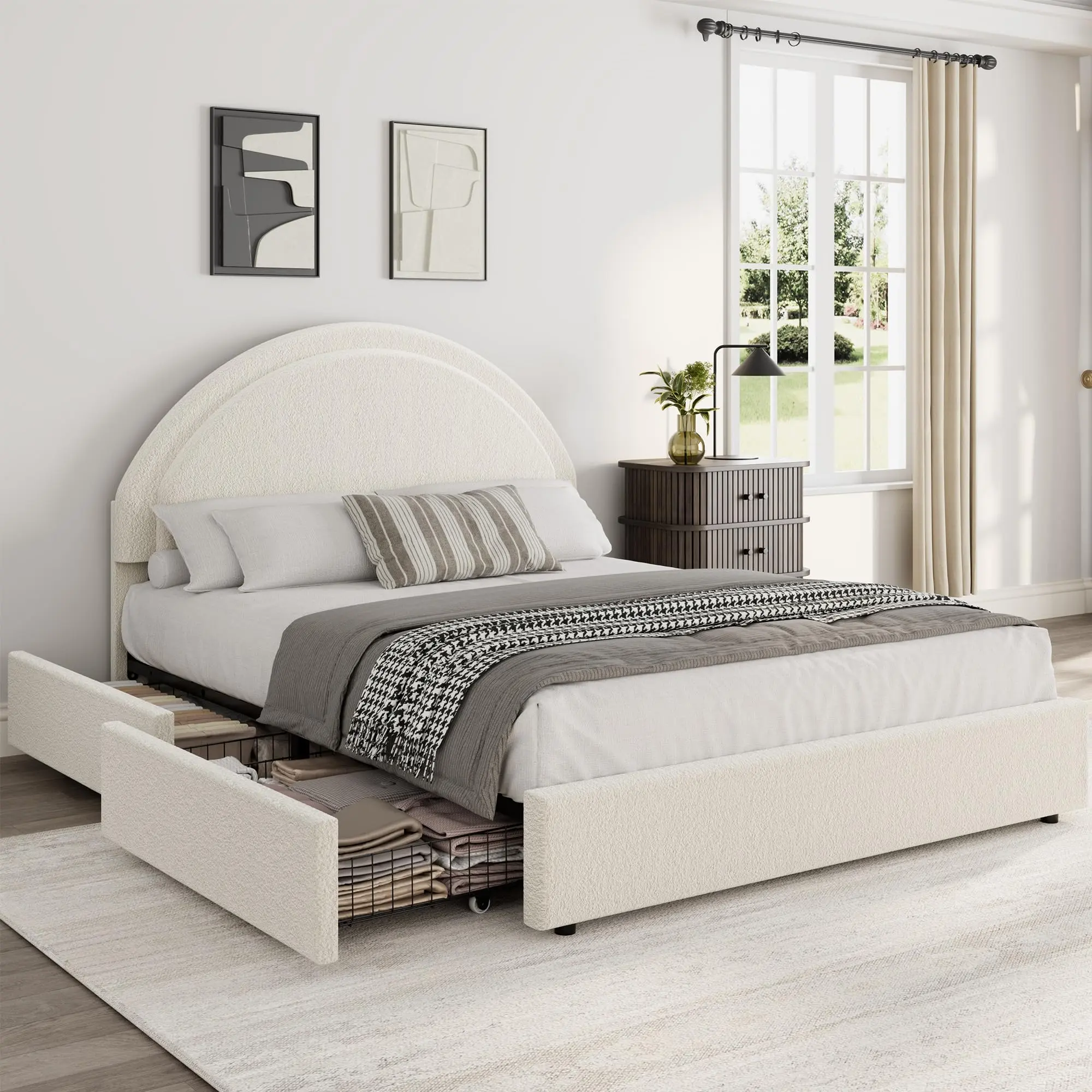 Twin/Full/Queen Size Boucle Upholstered Platform Bed - Round Headboard & 2 Storage Drawers, Noise-Free Design, No Box Spring Needed,dorm essentials,home decor