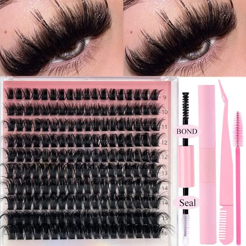 5D D Curl Thick False Eyelashes with Glue & Brush & Applicator Tool, 1 Set Mixed Length Cluster Fake Lashes for Lashes Extensions, Volume Fluffy Lashes