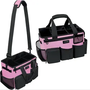 Pink Portable Cleaning Bag with Adjustable Straps and Multiple Pockets for Organization