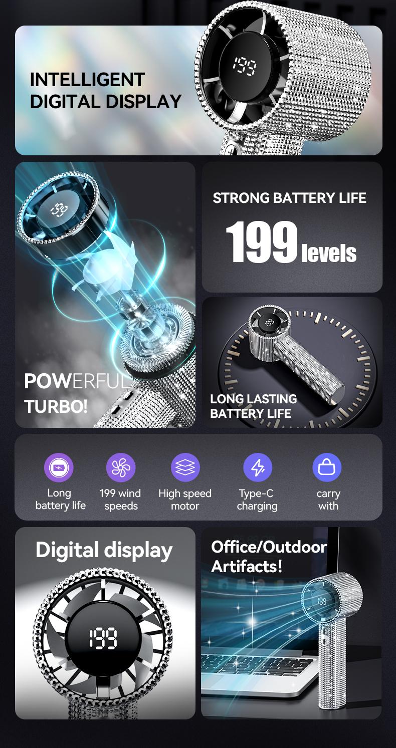 Diamond-Shimmering Luxury Fan-A Portable Handheld Turbo Fan 3 Gear Wind Rechargeable Long Battery Life Hand Fan With Digital Display For Outdoor Activities Travel Office Strong Boosting Output Long Distance Blowing
