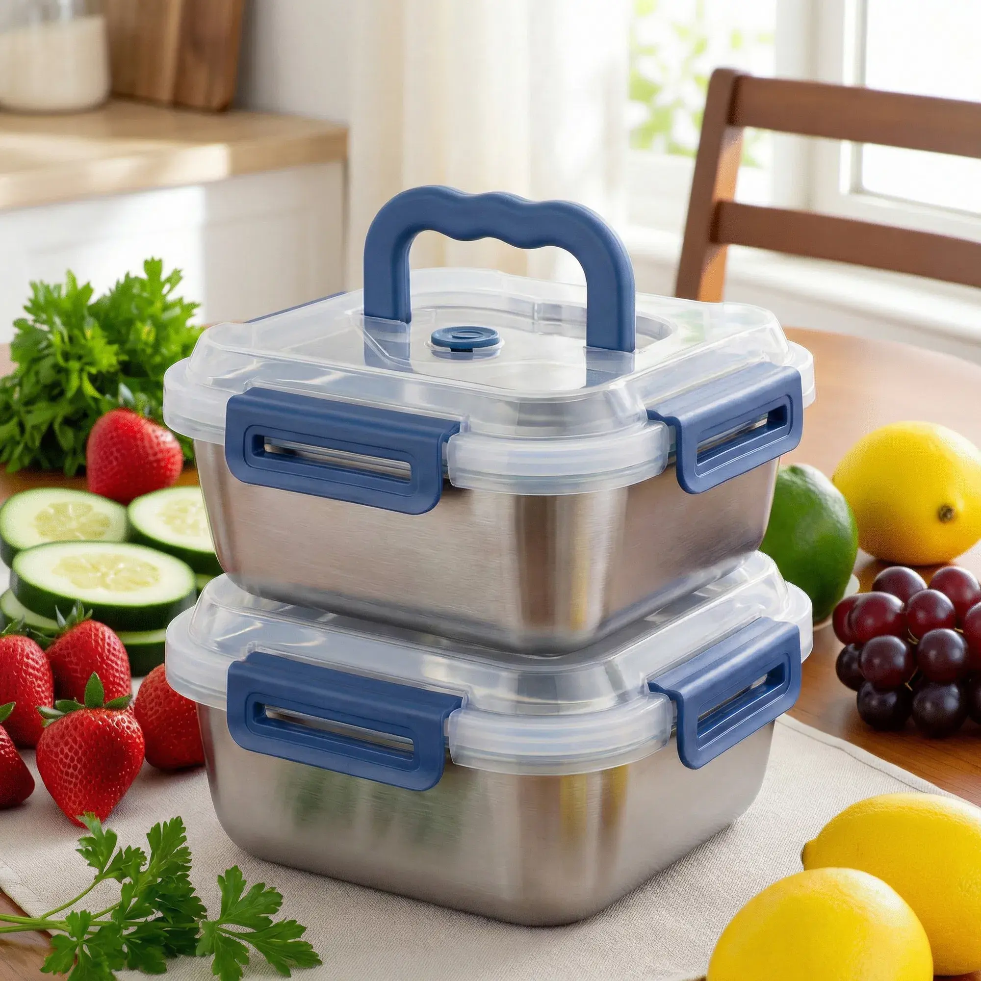 2/4/6 PCS Extra-Large Compact Stainless Steel Food Storage Bins (Kitchen Household Products) - 1800ml Deep, Airtight Blue Lids, Microwave/Freezer Safe, Stackable Small Square Bowl with Lid, for Packing Lunch for My Kid, Any Occasion
