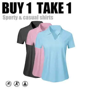 Women's Sport Polo Top 2 for 1 - Lightweight V-Neck Workout Shirt, Casual Tennis Outfit & Gym Essential Summer Sporty Activewear, Breathable Basic Collared Shortsleeve Minimalist