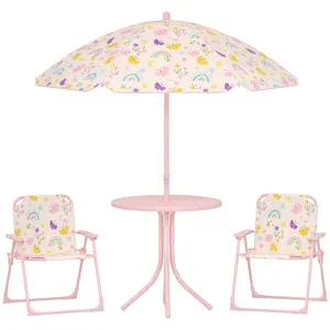 Picnic Table & Chairs Set – Pink. For Ages 2-5. 2 Foldable Chairs + Table + Removable Umbrella (33.9"-48", Rainbow Pattern). Anti-Tip Feet. 77 lbs Chair Cap