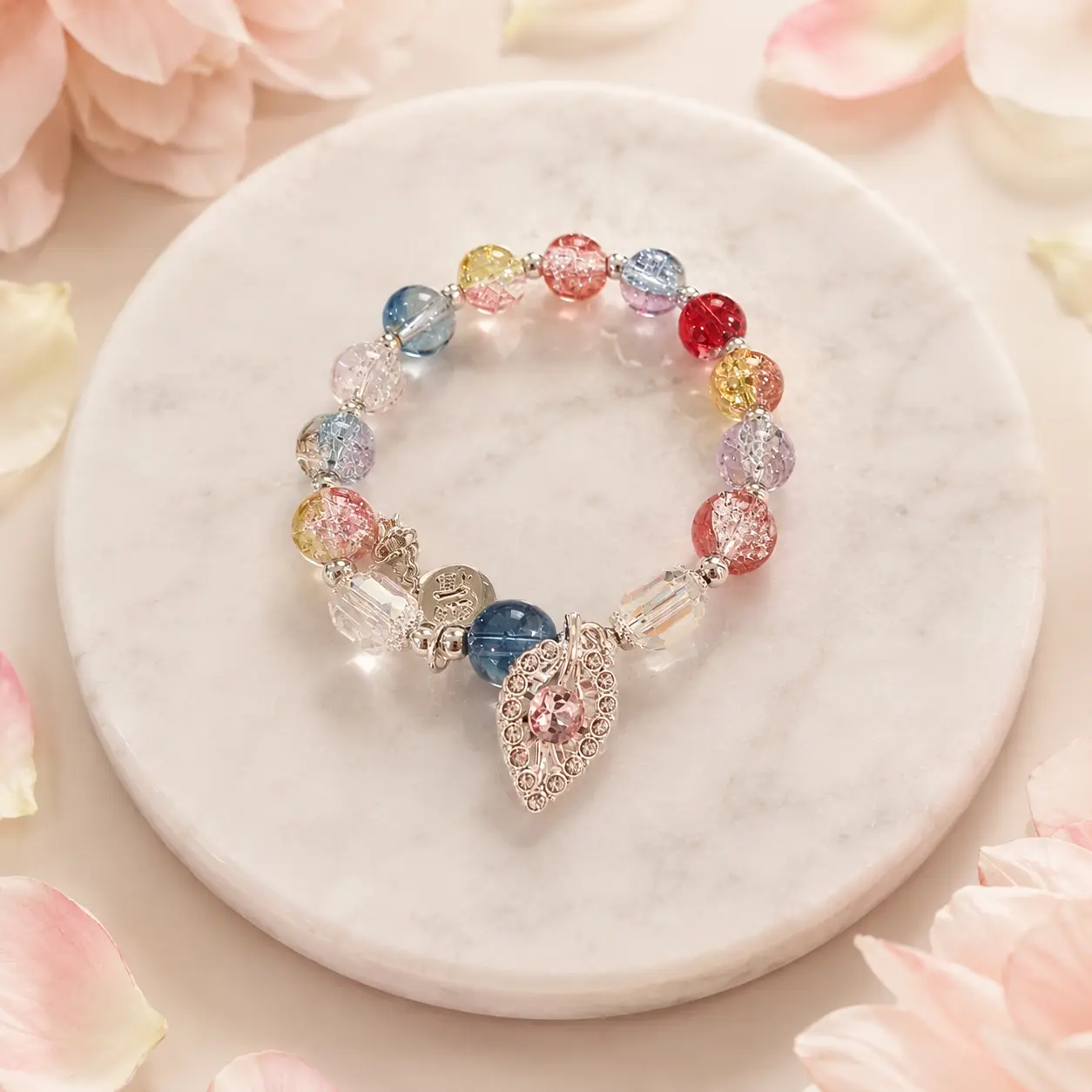 Multicolor Translucent Beaded Stretch Bracelet for Women, Silver-Tone Rhinestone Leaf Charm Bracelet with Pink Center Stone, Colorful Fashion Jewelry Gift