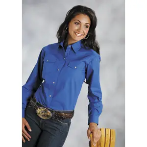 Womens Blue Solid Long Sleeve Western Snap Shirt