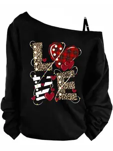 Women's Off-Shoulder Long Sleeve Loose Top with Love Print, Casual Womenswear Fashion, Perfect for Date Nights and Valentine's Day, Trendy Y2K Style for Fall & Winter, Fitted
