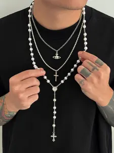 Trendy Hip-Hop Saturn Cross Pendant Necklace Set, Fashion Y-Shape Pearl Imitation Jewelry, Casual Vintage Design for Men, Party Gift, Cross Charm Necklace