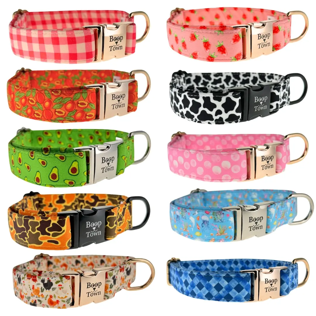 Boop Town Soft Cotton Dog Collar - Anti-Hair Matting & Durable Nylon Core - Quick Release Metal Buckle - Adjustable for Small Medium Large XL Dogs - Gold Tone Hardware outdoorfun