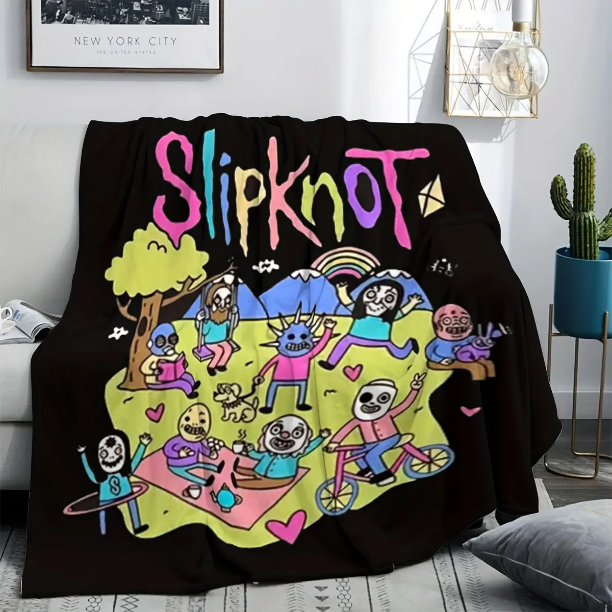 Slipknot cartoon theme printed flannel blanket, soft, lightweight and durable, suitable for all seasons, suitable for sofa, bedroom, office, Cartoon Pattern Blanket, Soft Microfiber Blanket