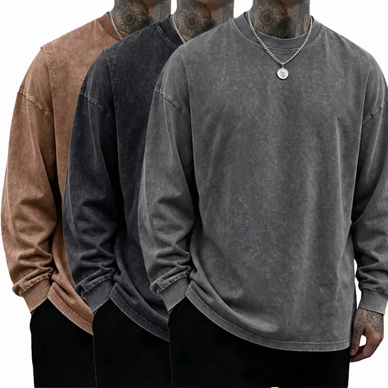 Men's Oversized Washed Distressed Cotton Long-Sleeve Crewneck T-Shirt - Plain Casual Streetwear Clothing, Vintage Fabric, Car Wash Black, Student Menswear Tops