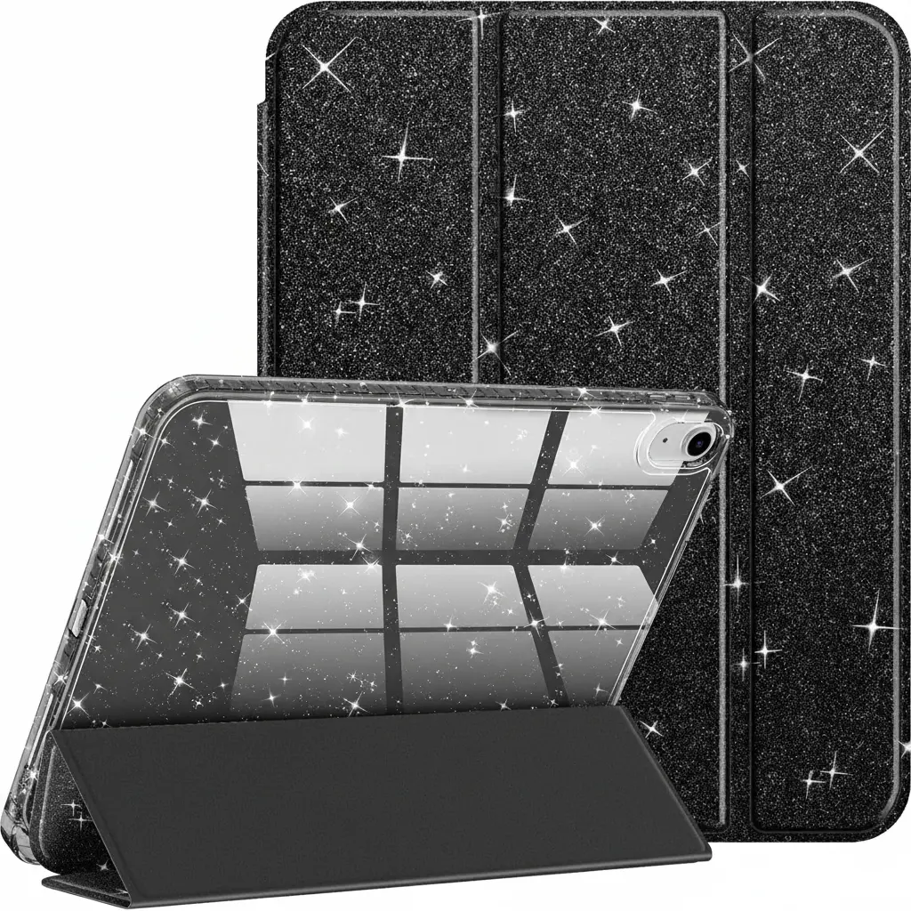 Black Slim Shockproof Case for iPad 11th Gen (A16, 11in, 2025) & 10th Gen (10.9in, 2022) - Glitter Design, Clear Back Shell, Pencil Holder