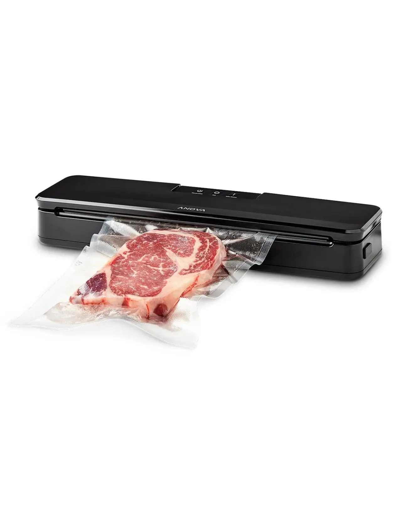 Anova ANVS01US00 Precision Vacuum Sealer - Black Compact Kitchen Appliance That Seals Food, 120V/80W, 16.73" Width, 3.14" Depth, 4.8" Height, Grade-A Seal, Pulse Modes, Standard Plug, 10 Plastic Vacuum Sealer Bags