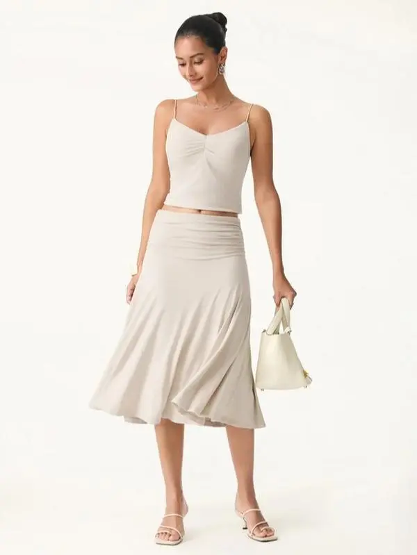 OGL Flowy Side Ruched A-line Midi Skirt - High Stretch, Pear Shaped & Hourglass Friendly Women's Skirt thunder thigh skirt - Flash sale!!