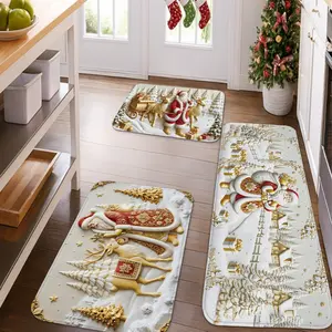 Festive 2D Flat Christmas Relief Kitchen Mats with Gold Accents Cushioned Comfort Washable Non-Slip Rugs for Sink & Laundry Room Farmhouse Design
