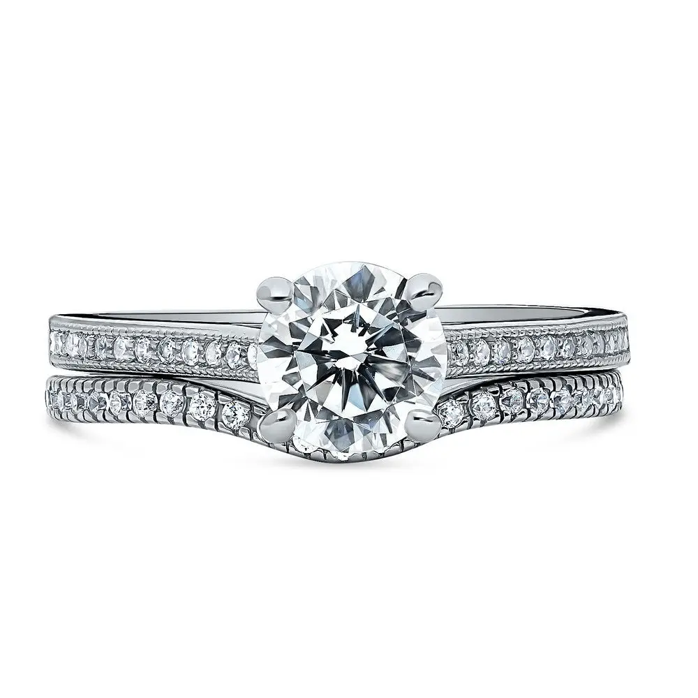 BERRICLE Sterling Silver Solitaire Wishbone Engagement Promise Rings Stackable Band for Her, 1 Carat Round Cut Cubic Zirconia CZ Ring Set