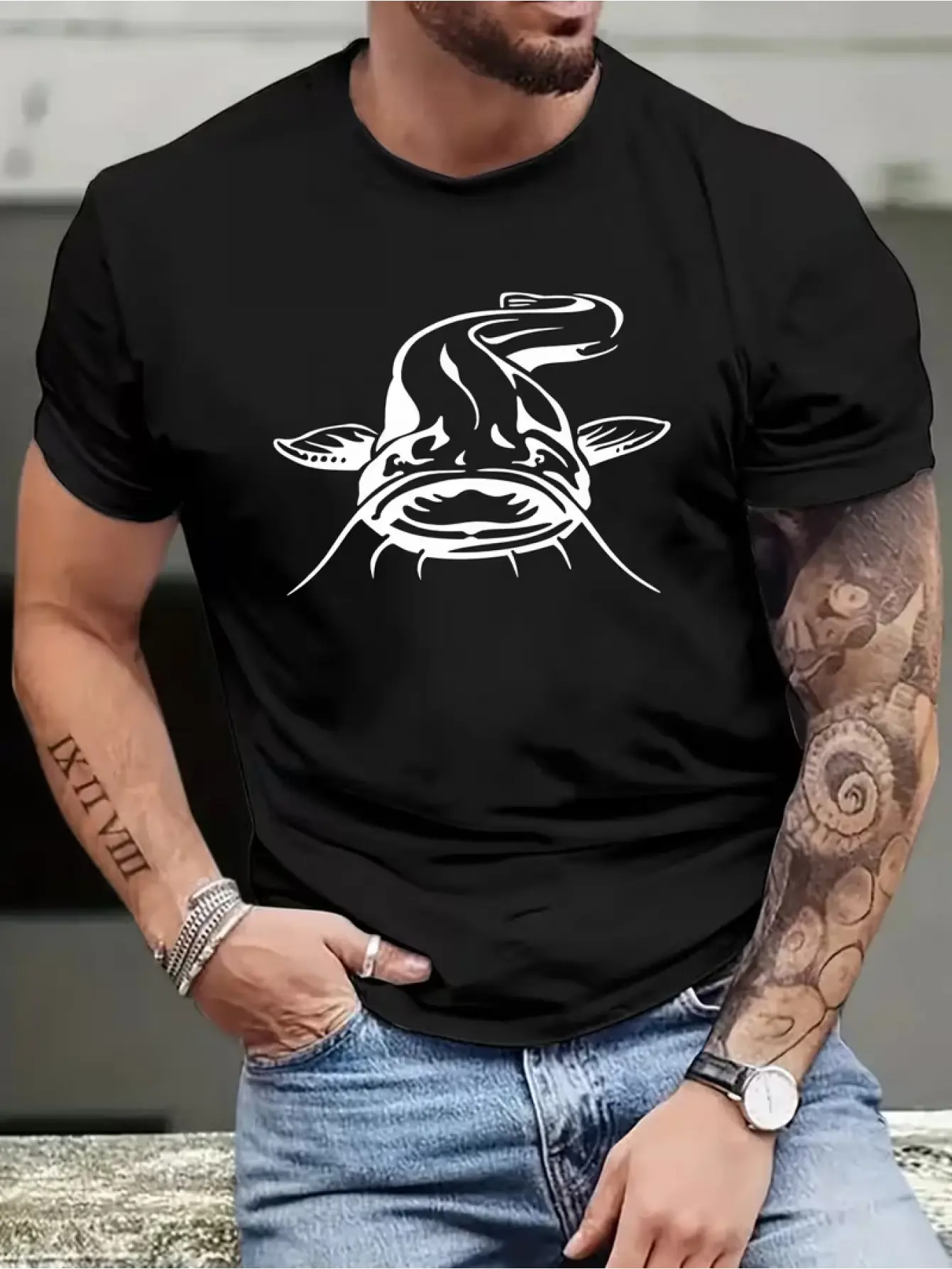 Men's Catfish Print T-Shirt - Short Sleeve Casual Round Neck Shirt with Fish, Machine Washable Suitable for Fishing Trips, Casual Attire & Outdoor Activities, Year-Round for Men & Teen
