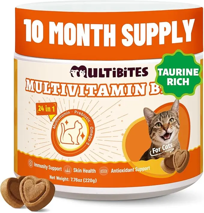 MultiBites 7.76oz 24in1 Multivitamin Bites for Cats – With Taurine, Vitamins, Omega-3, Glucosamine, and CoQ10. Supports Immunity, Skin, Digestion, Joints, and Heart Health.